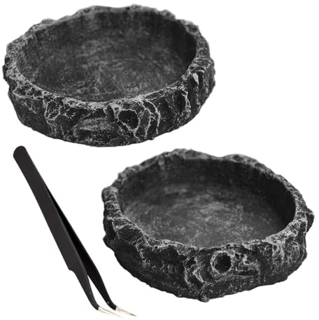 Fulanfudi 2PCS Reptile Water Dish Food Bowl Set Reptile Feeder Food and Water Dish with Feeding Tweezers Tong for Leopard Gecko Lizard Frog Snake Chameleon Tortoise(Style 1)