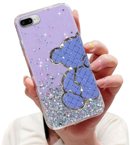 Miagon Crystal Glitzer Hülle für iPhone 8 Plus/7 Plus,Süß Bling Klar Handyhülle Durchsichtig Hälfte Bär Sparkle Sterne Case Cover Slim Dünn Schutzhülle