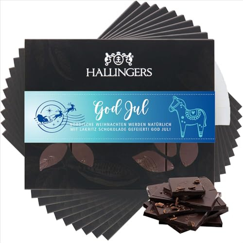 Hallingers Genuss Manufaktur Vegane Schokolade Weihnachts-Geschenk - Tafel handgeschöpfter Edelkakao ohne Alkohol edler Karton 10x God Jul Lakritz, Weihnachten für Frauen Männer