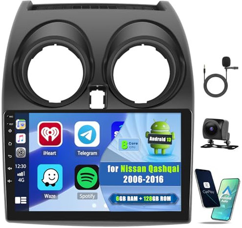 6+128GB Android 13 Radio Coche para Nissan Qashqai 2006-2016 Carplay Inalámbrico GPS, 9 Pulgadas Android Auto Radio para Coche Bluetooth con Pantalla táctil WiFi FM/RDS +Cámara Trasera