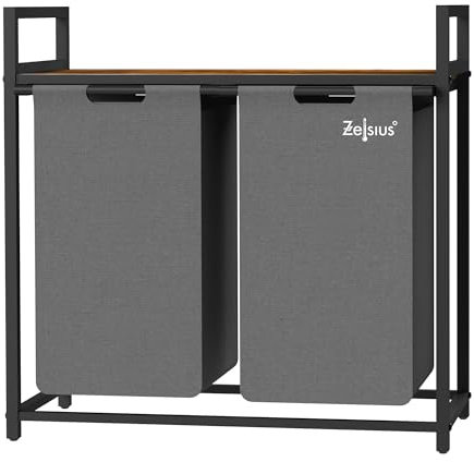 Zelsius Wäschesammler 2 Fächer | Grau, 73 x 33 x 72 cm | Wäschekorb mit Ablage, Schmutzwäschebehälter mit Wäschebeutel | Wäschesortierer, Wäschebox, Wäschesack | Wäschesystem, Waschkorb