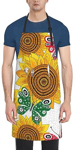 Amkong Schürze mit Sonnenblumen-Elefant, für Damen und Herren, mit Taschen, verstellbare Kochschürze, Kellnerin, Küche, Kochen, wasserdichte Schürze, Sonnenblume und roter und grüner Schmetterling,