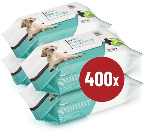 ReaVET Pflegetücher Hund, 400 Stück I 4 x 100Stk. I XXL Feuchttücher Hunde, Katzen - Extra Große Hypoallergene & Reißfeste Reinigungstücher, Feuchttücher für Po, Pfoten, Augen & Ohren
