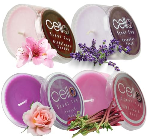 Cello Scent Cup Collection. Tealight Scented Candles. Wildflower Garden, Lavender Fresh, Tinted Rose & Rhubarb Fizz. High Fragrance Tea Lights Candle Tealight & Candle Holders. Candle Gifts for Women.
