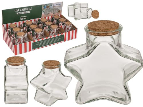Out of the blue Botella de cristal con forma de estrella, aprox. 11 x 7,5 x 12 cm, 300 ml, con tapón de corcho, 12 unidades en pantalla