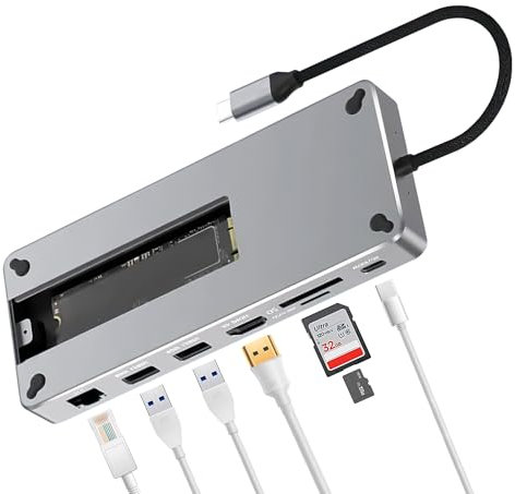 Reagle Hub USB-C 10 en 1 con carcasa SSD M.2, 4K @ 60 Hz, HDMI, 100 W PD, 10 Gbps USB 3.2 Gen 2, RJ45 Gigabit Ethernet, lector de tarjetas SD/microSD – Compatible con Windows, MacOS, Android,