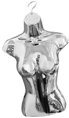Amagogo Weiblicher Schaufensterpuppen-Torso, halbe Länge, weiblicher Schaufensterpuppen-Körper, Requisiten, Kleiderform, Aufhängehaken für Geschäfte, Silber