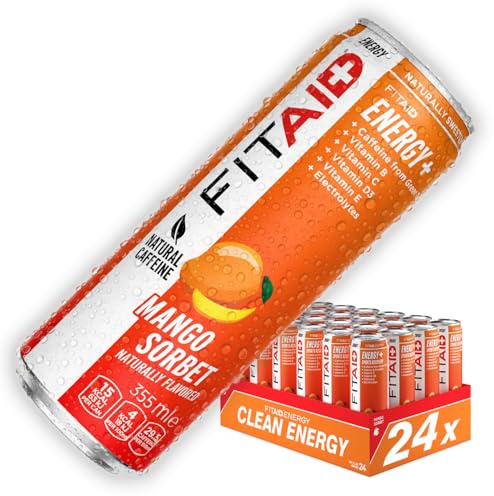 FITAID Energy Mango Sorbet - Clean Boisson Énergisante Sport, 24x355ml | Pour le sport et l'hydratation avec 105 mg de caféine du thé vert, électrolytes, BCAA, vitamines, curcuma, CoQ10 et stévia