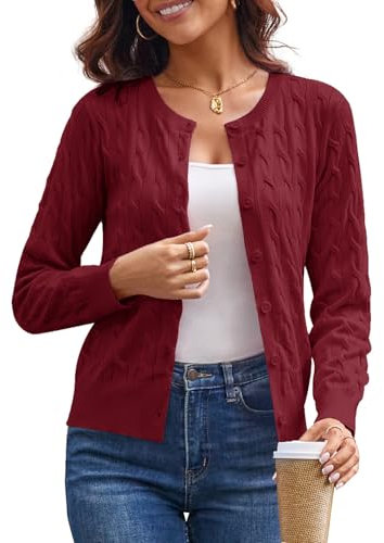 GRACE KARIN Women's Long Sleeve Button Up Cable Knit Cardigan Lightweight 2025 Crewneck Button Down Sweaters for Women, Wine Red, M