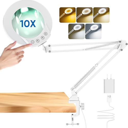 mandland 10X Lupe mit Licht und Klemme, beleuchtete Lupe aus echtem Glas mit 5 Farbmodi und stufenloser Dimmbarkeit, freihändige Schreibtischlampe für Hobbys, Basteln, Lesen und Naharbeit (White)