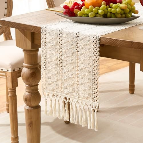 Makramee Tischläufer Beige Boho Gewebt Baumwolle Leinen Vintage Bauernhaus Handgefertigten Quasten Häkelspitze Tischläufer 30x140cm für Urlaub Küchen Hochzeit Decor Herbst