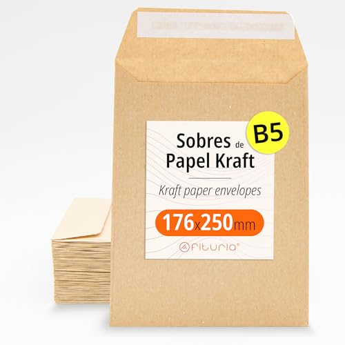 Kraftpapier-Umschläge, Umschläge für Dokumente, Geschenke, Hochzeitseinladungen und Versand, Robuste und Vielseitige Papiertüten für alle Gelegenheiten, Größe B5 - Ofituria (176x250, 500 Stück)