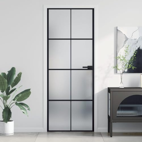 Gecheer Porte Intérieure Mince Noir 76x201,5 cm Verre Trempé Aluminium Porte Vitrée Panneaux en Verre de Porte pour Chambre, Cuisine, Salle de Bain Type-B