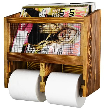 Owlgift Toilettenpapierrollenspender und Zeitschriftenhalter, Vintage-Stil, rustikal, gebranntes Massivholz und Metallgeflecht, Wandmontage, 2 Stück