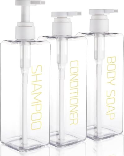 Hokretme 3 Pack 550ml Shampoo and Conditioner Dispenser Shower Soap Bottles Refillable Shampoo Pump Bottle Dispenser Plastic Empty Body Wash Dispensers with Permanent Labels for Bathroom (Clear)