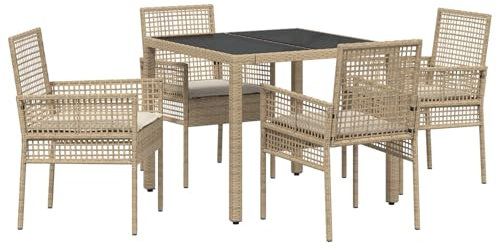 vidaXL 5-teiliges Gartentischset mit Kissen in Beige aus Poly Rattan. Stylische, wetterfeste Möbel für Balkone, Terrassen und Patios – perfekt für den Sommergarten.
