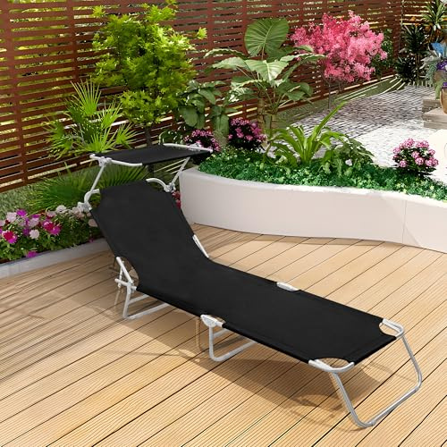 Alivio 5-Level Folding Recliner Lounge Chair with Adjustable Sunshade – Portable Sun Lounger with Adjustable Backrest & Sturdy Frame for Patio, Poolside, Camping, Living Room (Black)
