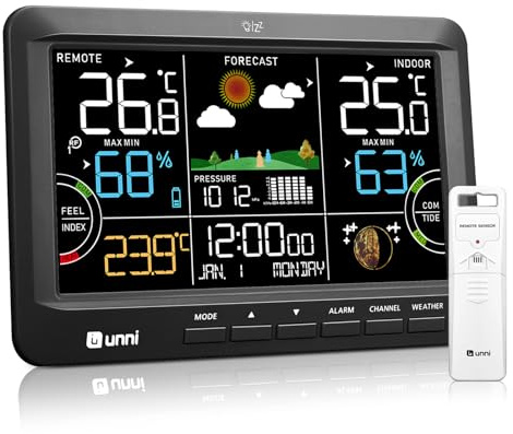 Funk Wetterstation mit Außensensor Batteriebetrieb und Netzbetrieb Schwarz | DCF Funkuhr Wettervorhersage Funkwetterstation 100m Farbdisplay 3 Helligkeitsstufen Luftfeuchtigkeit Luftdruck Mondphasen