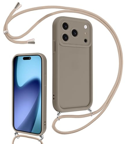 Coalbooliy Handyband für iPhone 17 Pro Hülle 6,3 mit Band Kette, Handyhülle Kameraschutz Weiches Silikon Necklace Stoßfeste Schutzhülle mit Kordel zum Umhängen Cover für Mädchen Frauen, Khaki