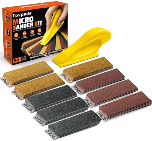 TOVPADE 54PCS Premium Micro Sander, Detail & Mini Sander Block – Precision Small Hand Sanding Tool, 80–800 Grit Sandpaper Kit, 3-in-1 Set for Wood, Crafts, Furniture, Tight Spaces & DIY Projects