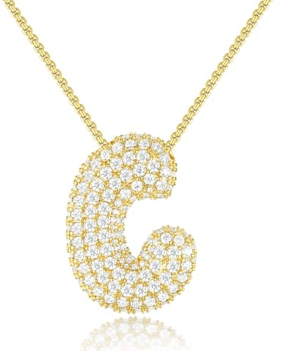 KissYan Blase Buchstaben Halskette Damen, Silber/Gold Ballon Initialen Kette Bling Zirkonia Buchstaben Anhänger A-Z Schmuck Geschenke für Frauen