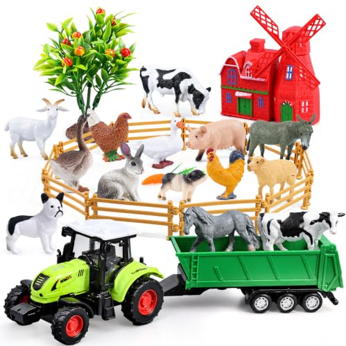 SIENON 26pcs Farm Animal Toys for Toddlers, Realistic Barn Animal Figurines, Tractor, Windmill and Fence Playset, Farm Figures Vehicle Toy Truck with Trailer for Birthday Party Favors Decorations