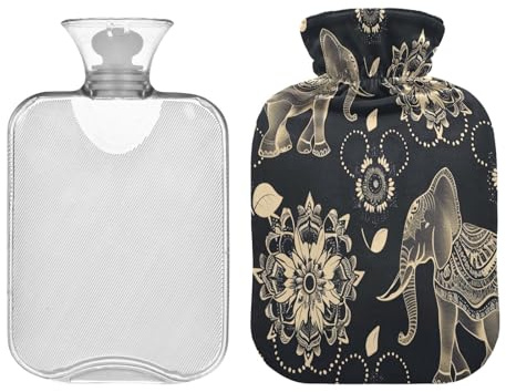 Wärmflasche mit indischem Elefanten-Silhouette, weicher Bezug, 2 l, Wärmertasche für Periode, Krämpfe, Nacken, Schulterwärmer, Bolsa para agua Caliente para Dolor