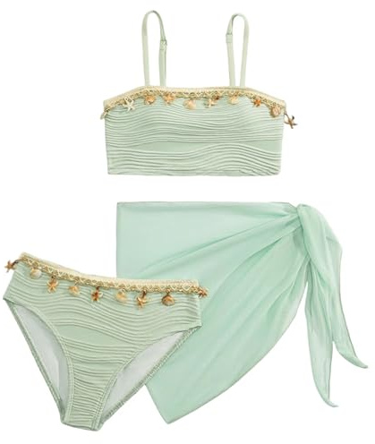 SEAUR Chica Conjunto Bikini con falda de malla 3 piezas traje de baño moda concha bikini set niño verano playa piscina 8-12 años, verde menta, 11 años