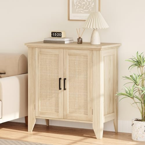 Aptliton Rattan Storage Cabinet & Buffet Sideboard with 2 Doors & Adjustable Shelves, Multi-Use Wooden File Cabinet for Office, Kitchen & Entryway, Stylish Natural Oak Finish Home Furniture
