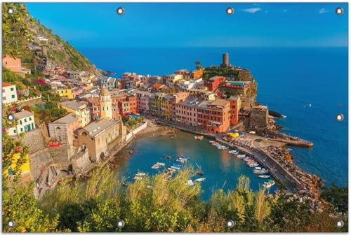 Wallario Outdoor-Poster für Garten oder Balkon Farbenfrohes Küstendorf am Mittelmeer, Motivbanner Größe: ca. 80 x 120 cm, Outdoor-Bild