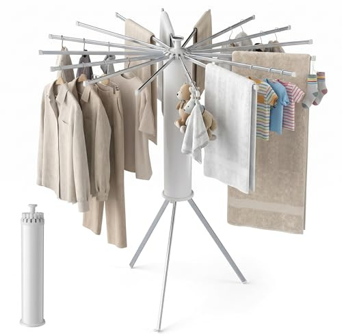 HOMICKER Clothes Airer, Extendable, Space-Saving, Foldable, 360° Rotatable Stand Dryer for Balcony, Bathtub, Camping, 16 Arms Rotary Airer, High, Small Clothes Rack, Tumble Dryer