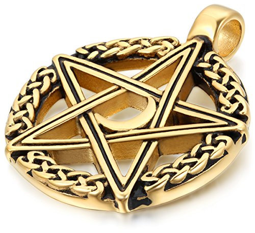 JewelryWe Schmuck Edelstahl Retro Keltischer Pentagramm Amulett Herren-Anhänger mit 55cm Kette, Halskette, Gold Schwarz