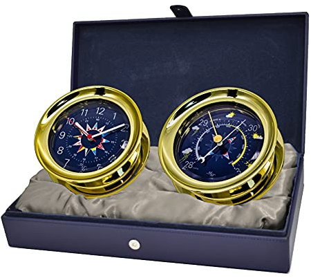 MASTER-MARINER Blue Mariner Collection, Nautical Windlass Gift Set, 5.85” Diameter Clock and Barometer Instruments, Gold Finish, Blue Signal Flag dial