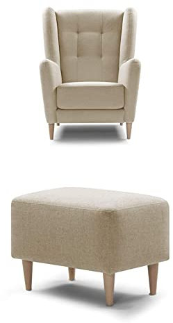 Traumnacht bequemer und moderner Ohrensessel Karl + Fusshocker, beige