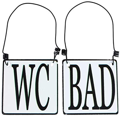 MACOSA SA8177 2er Set WC & Bad Tür-Schild Emaille-Optik Schwarz Weiß 8 x 8 cm Landhaus Metallschild Hinweisschild Draht-Aufhängung Deko-Accessoire