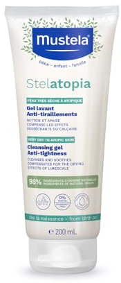 Mustela Stelatopia Gel Nettoyant pour Peaux Extrêmement Sèches ou Dermatites Atopiques, Corps et Cheveux, Bébés, Enfants, Toute la Famille - Apaise les Démangeaisons, Sans Parfum (200ml)