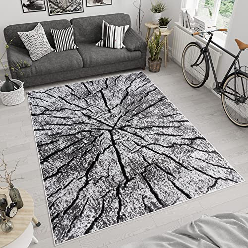 TAPISO Luxury Teppich Kurzflor Dunkelgrau Grau Creme Modern Baumstamm Muster Meliert Streifen Design Wohnzimmer Schlafzimmer ÖKOTEX 140 x 200 cm