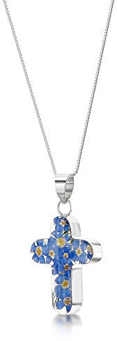 Shrieking Violet 925 Sterling Silver Medium Cross Real Flower Pendant Necklace - Forget-Me-Not (Blue)