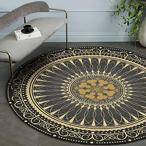 CanaDitan Rutschfester runder Teppich im Retro Boho-Ethno-Stil Schwarzes Gold 120CM