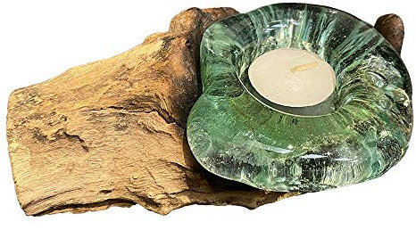 VIE Naturals Einzelner Teelichthalter aus Geschmolzenem Glas auf Balanesischem Gamal Holz, 15 cm Länge, UK-VN0626-1-TEALIGHT-HOLDER-SINGL, Natürlich