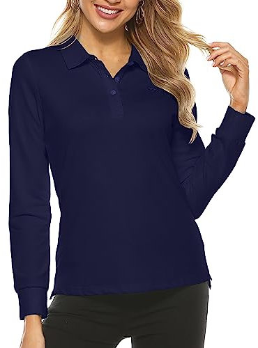 AIRIKE Women's Polos Long-Sleeve Golf Tops Shirts Lady-fit Plain Classic Pique Polo Shirts Navy Size M