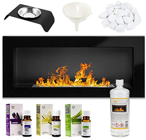 GMT Bioethanol Eco Rauchfreier Kamin schwarz 90 x 40 cm dekorative Wand- oder Einbaufeuer modernes Rahmen-Design einfache Montage mit Bio-Flüssigkeit, Brennstoffen und Steinen und Aromaölen