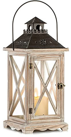Romadedi Laterne Holz Groß Holzlaternen Windlicht Gartenwindlicht 48cm - Rustikale Landhaus Kerzenständer mit Metall & Glas für Kerzen Vintage Hochzeit Weihnachten Tischdeko Innen und Draußen Deko