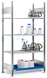 Regal für Gefahrstoffe, 1060 mm x 2000 mm x 437 mm, silber/blau, zur Lagerung von Kleingebinde, 4 Ebenen, mit Auffangwanne aus Stahl und 3 Gitterroste