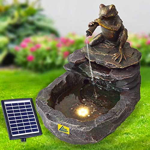 AMUR Fontaine de JardinGrenouille Solaire avec Batterie Li-ION et Lumière LED