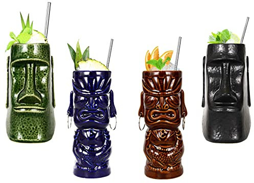 Tiki Mugs Cocktail, Tiki - Tasse en céramique hawaïenne, verres à cocktail exotiques Pour cocktail hawaïen Tiki Bar professionnel Hawaiian Party Barware,Q6