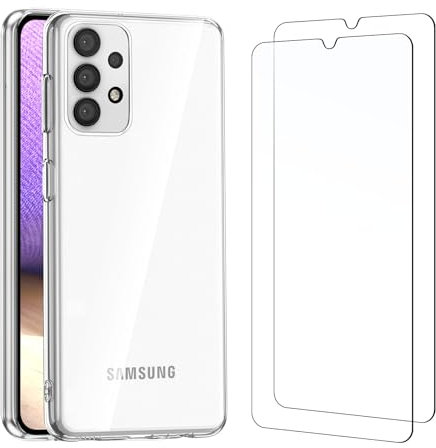 NEW'C Coque pour Samsung Galaxy A32 5G (Non pour A32 4G) Ultra Transparente Silicone en Gel TPU Souple et 2 × Verre trempé pour Samsung Galaxy A32 5G Film Protection écran