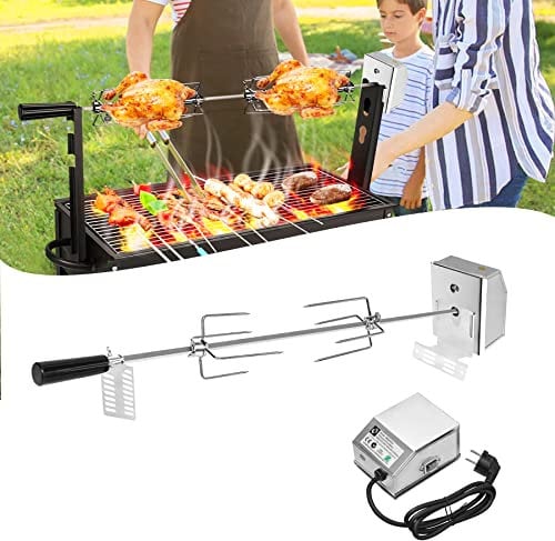 Froadp 220-240V Asador Eléctrico Giratorio para Barbacoa, Asador de Acero INOX con 4 Agujas para Carne, Kit de Asador de Pollo Asado con Motor, Asador Barbacoa para Parrilla de Gas BBQ