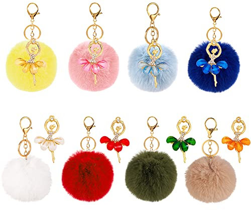 Vasemele Schlüsselanhänger Plüsch 8 Stück Ballett Schlüsselanhänger Pom Pom Schlüsselanhänger Bommel Schlüsselanhänger Quaste mit Strass und Ballett Schlüsselbund für Handtasche Schlüssel Auto