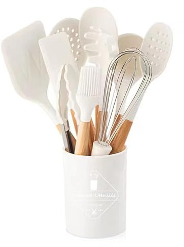 Jchensj Juego de utensilios de cocina de silicona color blanco leche, 11 espátulas antiadherentes resistentes al calor, juego de espátulas de cocina con asas de madera para cocinar y hornear (blanco)